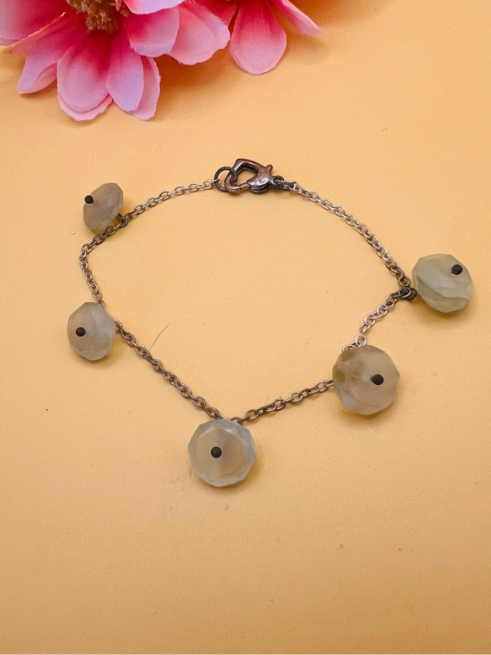 Delicate Silver Green Bead Charm Bracelet stamped.925